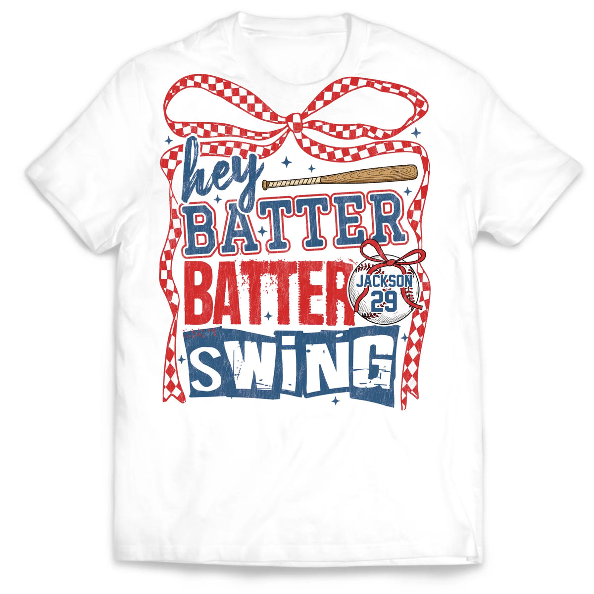 Retro Baseball Batter Batter Swing - Personalized T-Shirt, Checkered Baseball Coquette Shirt, Game Day Baseball Mom Shirt