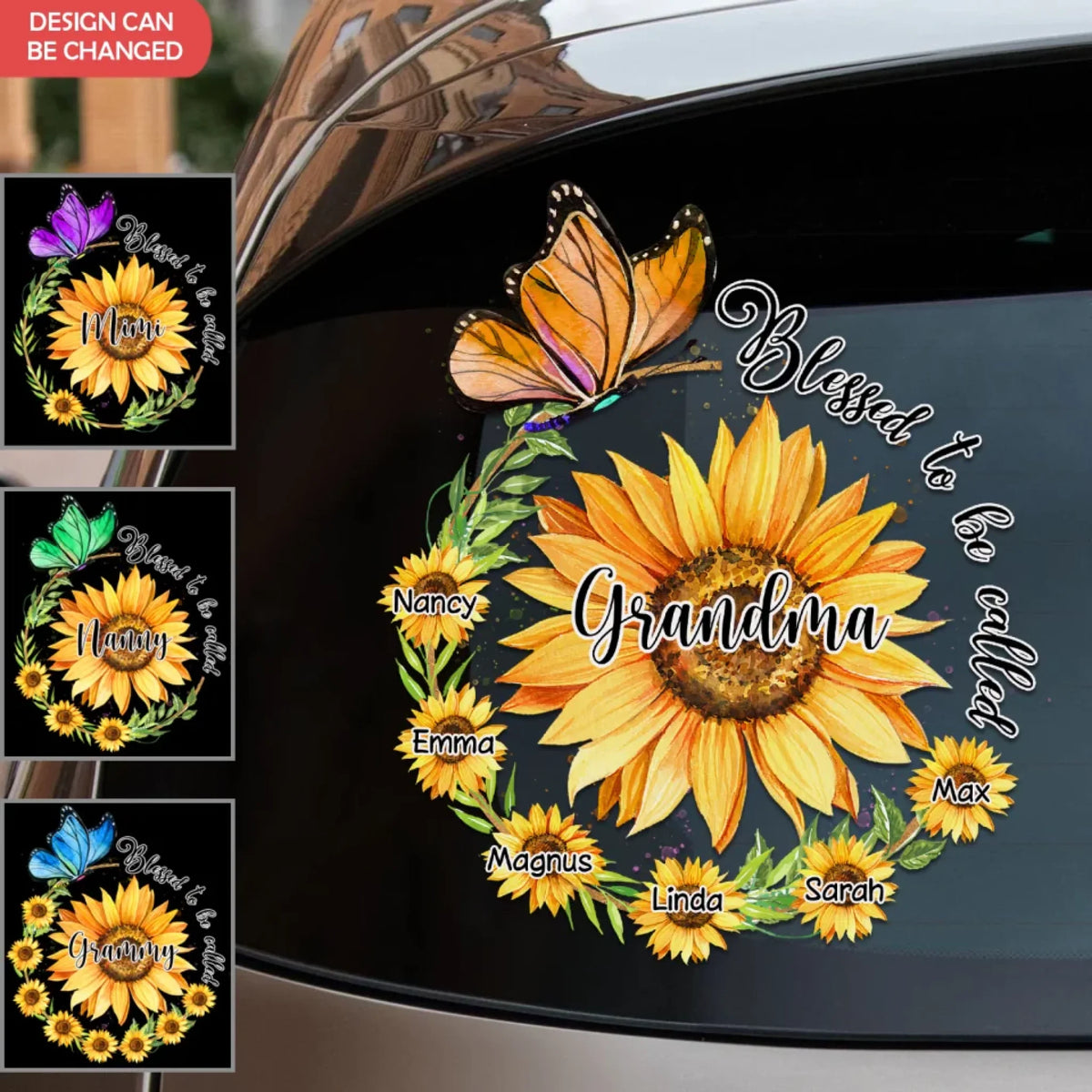 Blessed To Be Called Grandma Butterfly And Sunflower - Personalized Decal, Gift For Mom/ Grandma, Car Decor