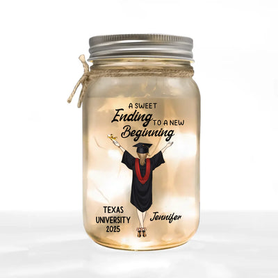 Graduation Gift, A Sweet Ending To A New Begining - Personalized Mason Jar Light, Graduation Gift For Her