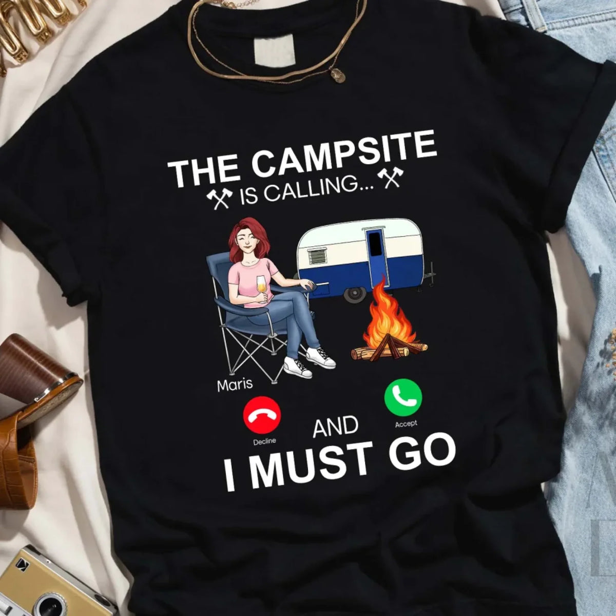 The Campsite Is Calling... And I Must Go - Personalized T-Shirt, Gift for Camper, Camping Lover Gift, Camping, camping gift,camping,campsite,campgrounds,custom gift,personalized gifts,t-shirt, tee, personalized shirt,Camping shirt, camping shirts, hiking shirt, camper shirt, camper t-shirt, camping graphic tee