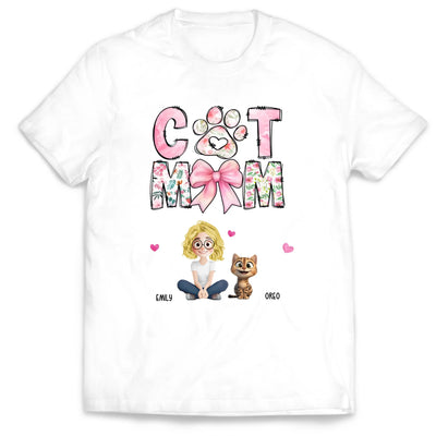 Cat Mom Pink Coquette - Personalized T-shirt, Gift For Cat Lover, Gift For Cat Mom