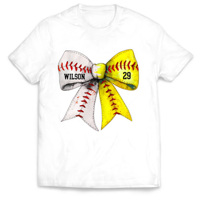 Retro Coquette Softball Bow - Personalized T-Shirt, Gift for Baseball/Softball Mom, Sport Mom Shirt