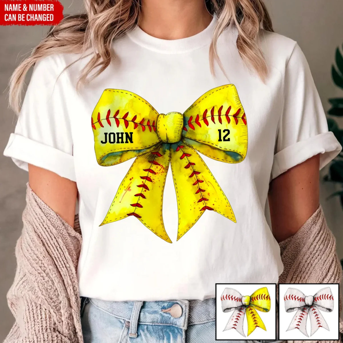 Retro Coquette Softball Bow - Personalized T-Shirt, Gift for Baseball/Softball Mom, Sport Mom Shirt