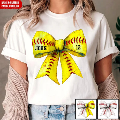 Retro Coquette Softball Bow - Personalized T-Shirt, Gift for Baseball/Softball Mom, Sport Mom Shirt