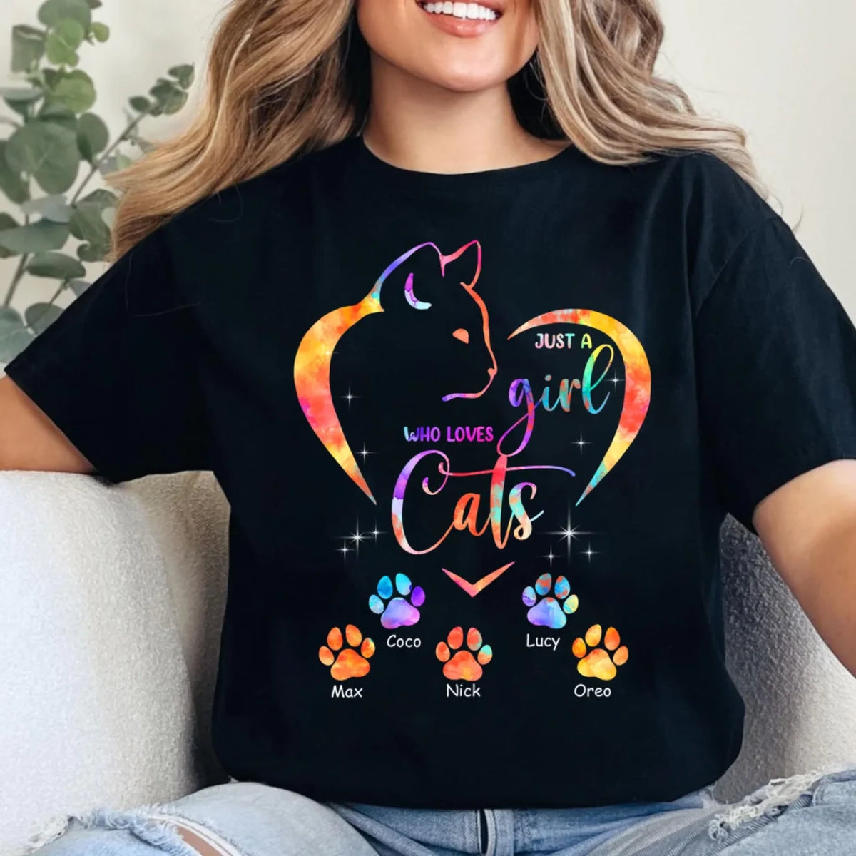 Colorful Just A Girl Who Loves Cats - Personalized T-shirt, Gift For Cat lover, cat, cat  lover, gift for cat lover, cat gift, cat tee, tee, personalized t-shirt, t-shirt, cat lover gift, cat t-shirt, 