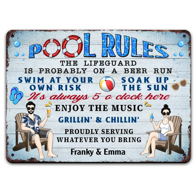 Pool Rules Swim At Your Own Risk Grilling - Personalized Metal Sign, Backyard Decor, Gift for Husband/Wife