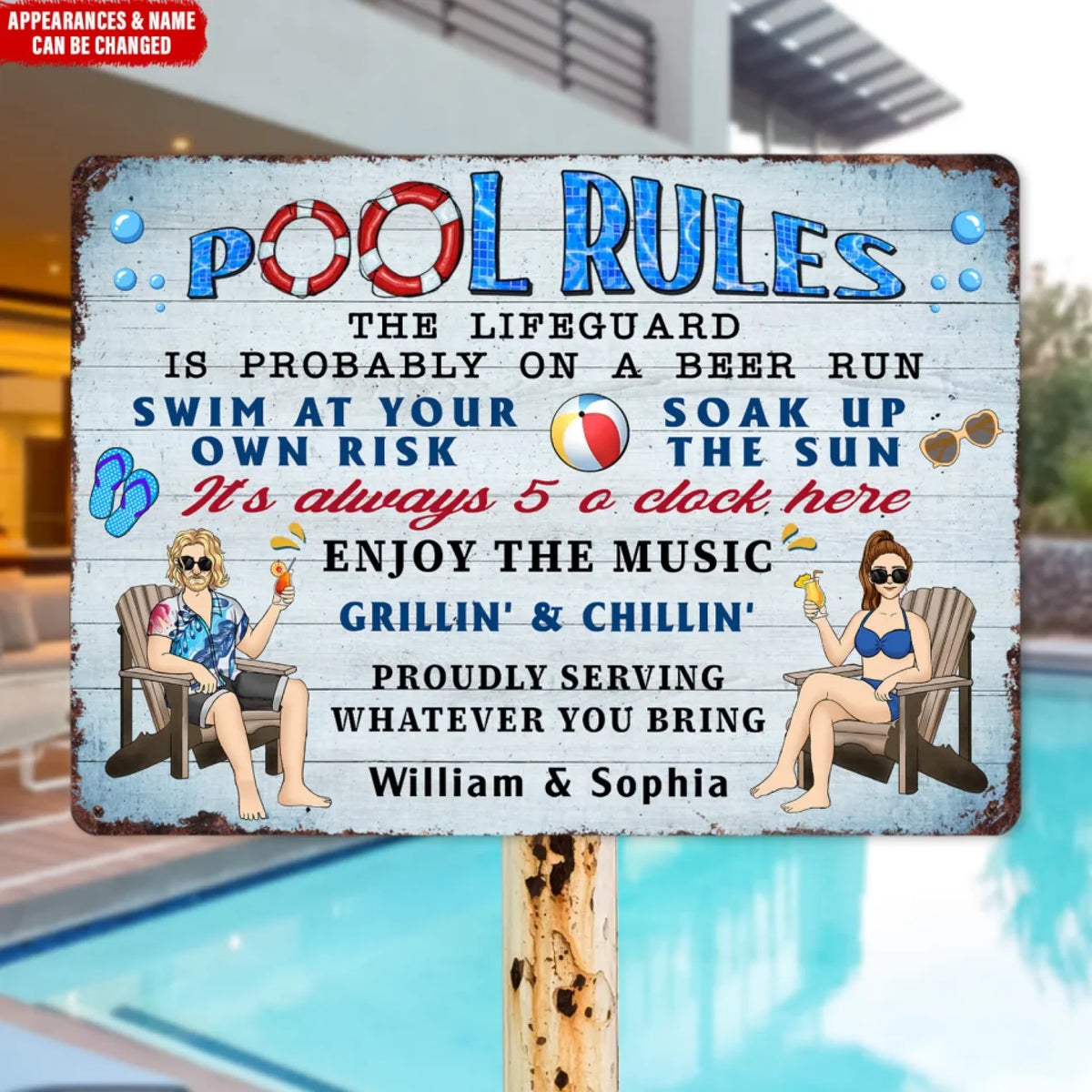 Pool Rules Swim At Your Own Risk Grilling - Personalized Metal Sign, Backyard Decor, Gift for Husband/Wife