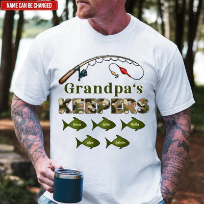 Grandpa‘s Keepers Camouflage Pattern Fishing Personalized T-Shirt, Gift For Dad And Kids, Fishing Dad T-Shirt