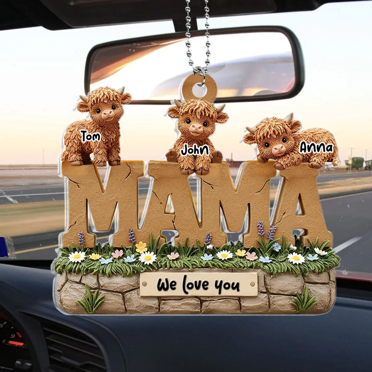 Cute Highland Cow Mama We Love You - Personalized Acrylic Car Hanger, Gift For Mom, Highland Cow Mama Gift