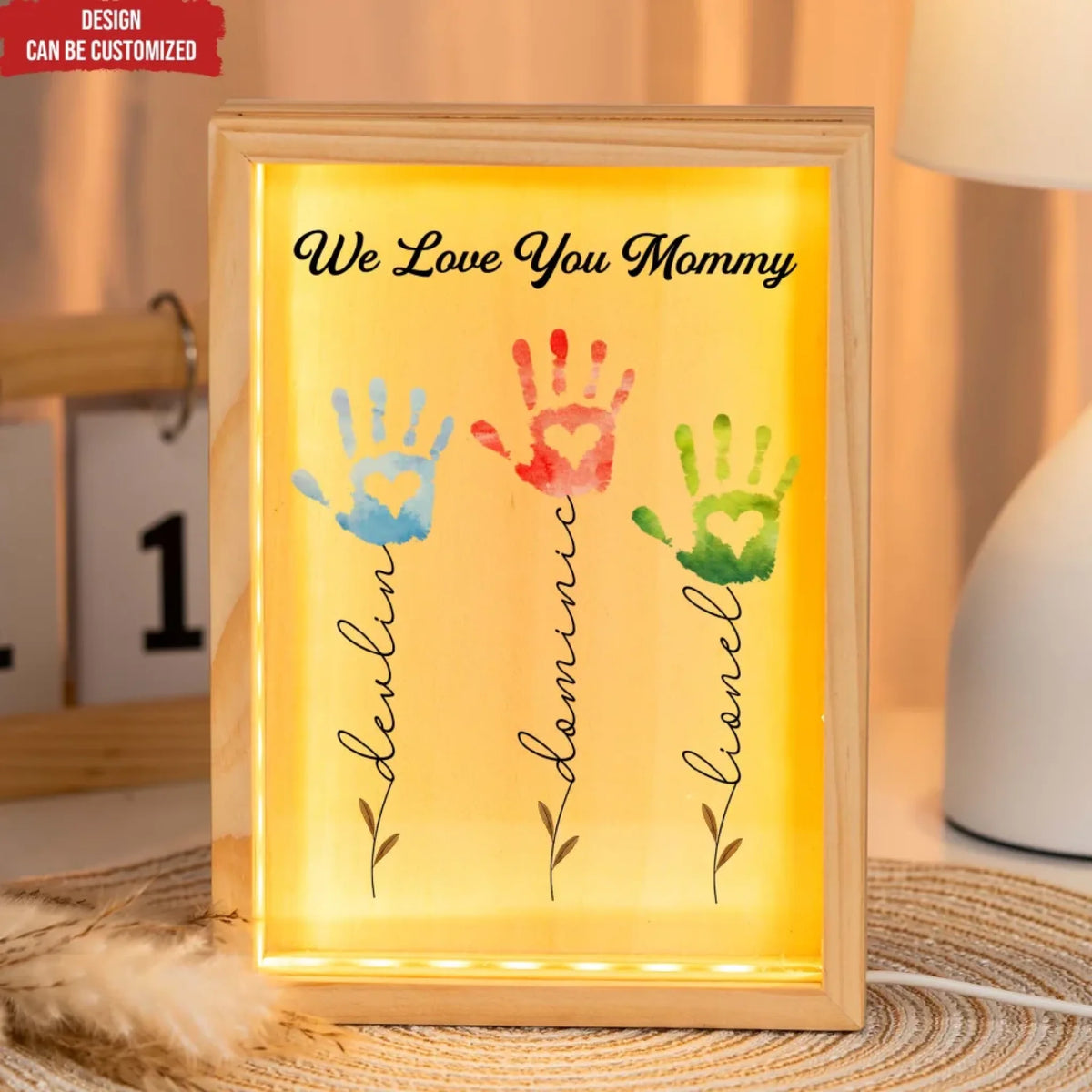 We Love You Mommy - Personalized Frame Light Box, Flower Handprint Custom Name, Gift for Mo/Grandma