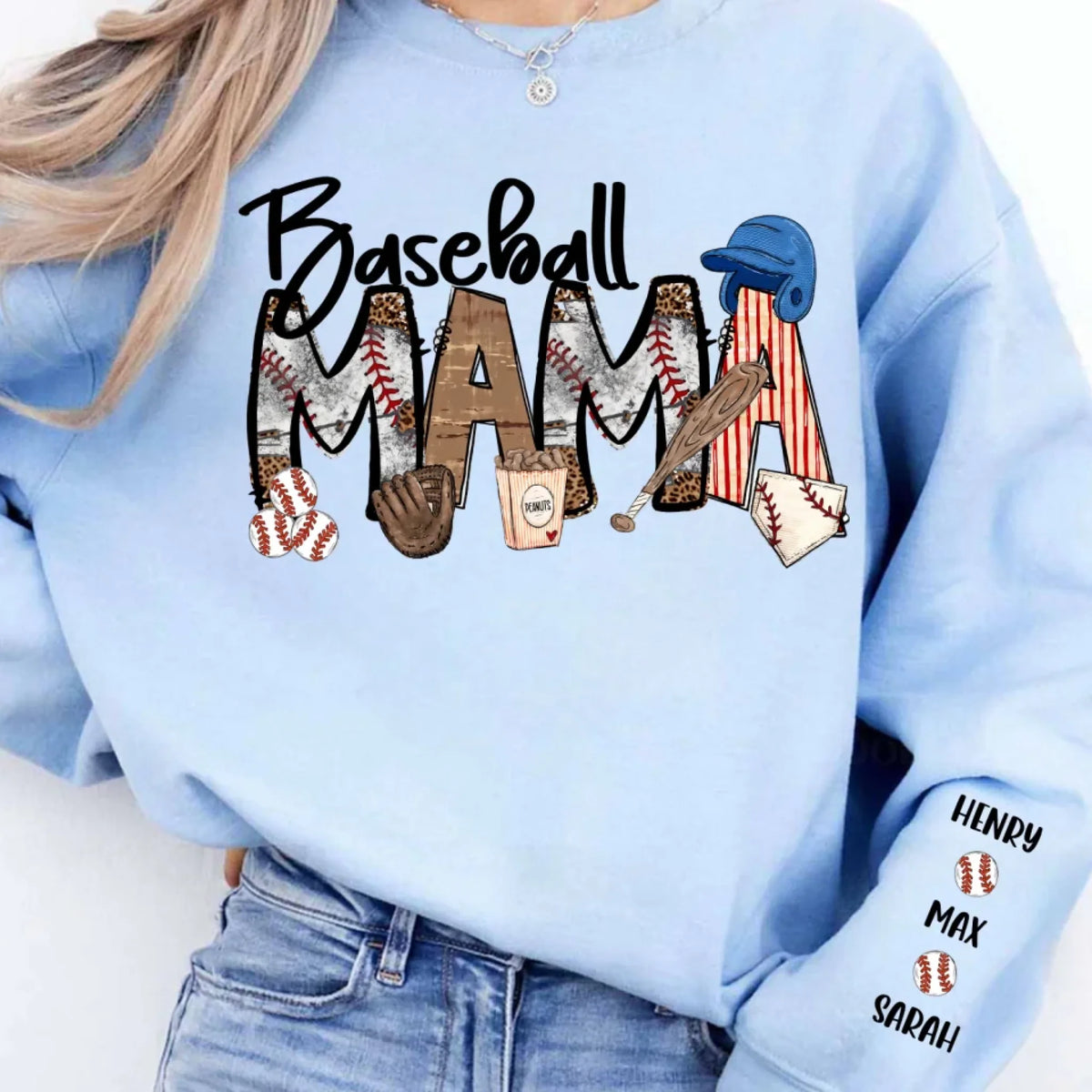 Basaball Mama - Personalized Sleeve Print Sweashirt, Gift For Baseball Lover