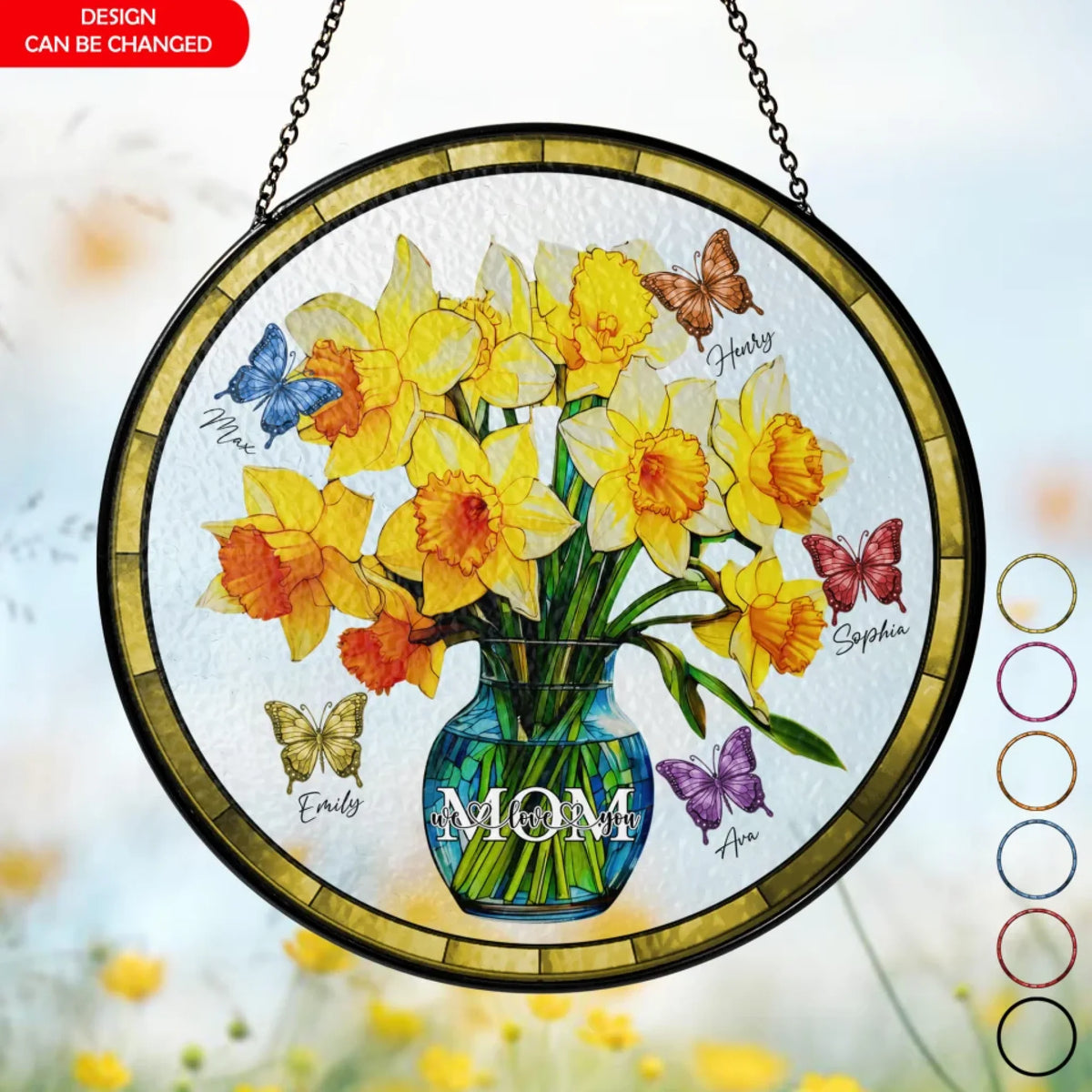 Everlasting Daffodils In Vase With Names - Personalized Window Stained Glass Suncatcher, Gift For Mom, Mom Daffodils In Vase With Her Kid's Name