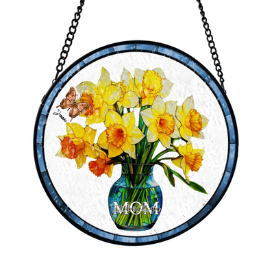 Everlasting Daffodils In Vase With Names - Personalized Window Stained Glass Suncatcher, Gift For Mom, Mom Daffodils In Vase With Her Kid's Name