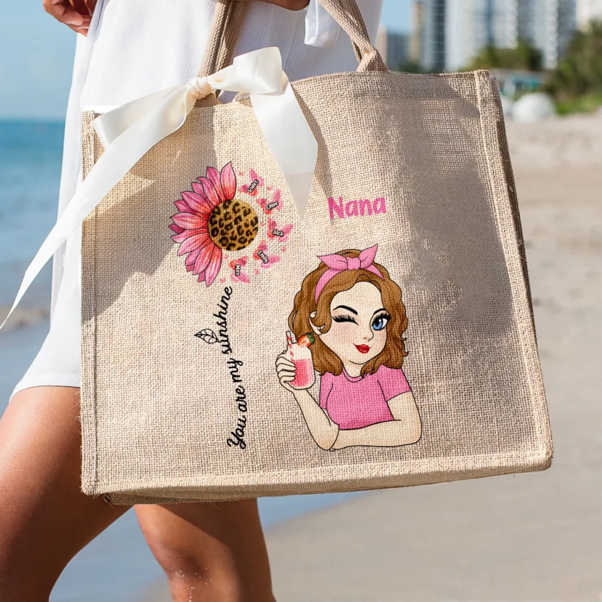 Sunflower Gift, You Are My Sunshine - Personalized Jute Tote Bag, Gift For Mom/Grandma