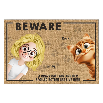 A Crazy Cat Lady And Her Spoiled Rotten Cats Live Here - Personalized Doormat, Funny Gift for Cat Lover, Cat Mom Gift