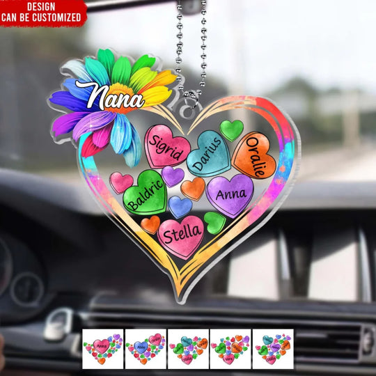 Colorful Sunflower Grandma Mom Heart Loads Of Love Personalized Acrylic Car Hanger, Gift For Grandma/ Mama