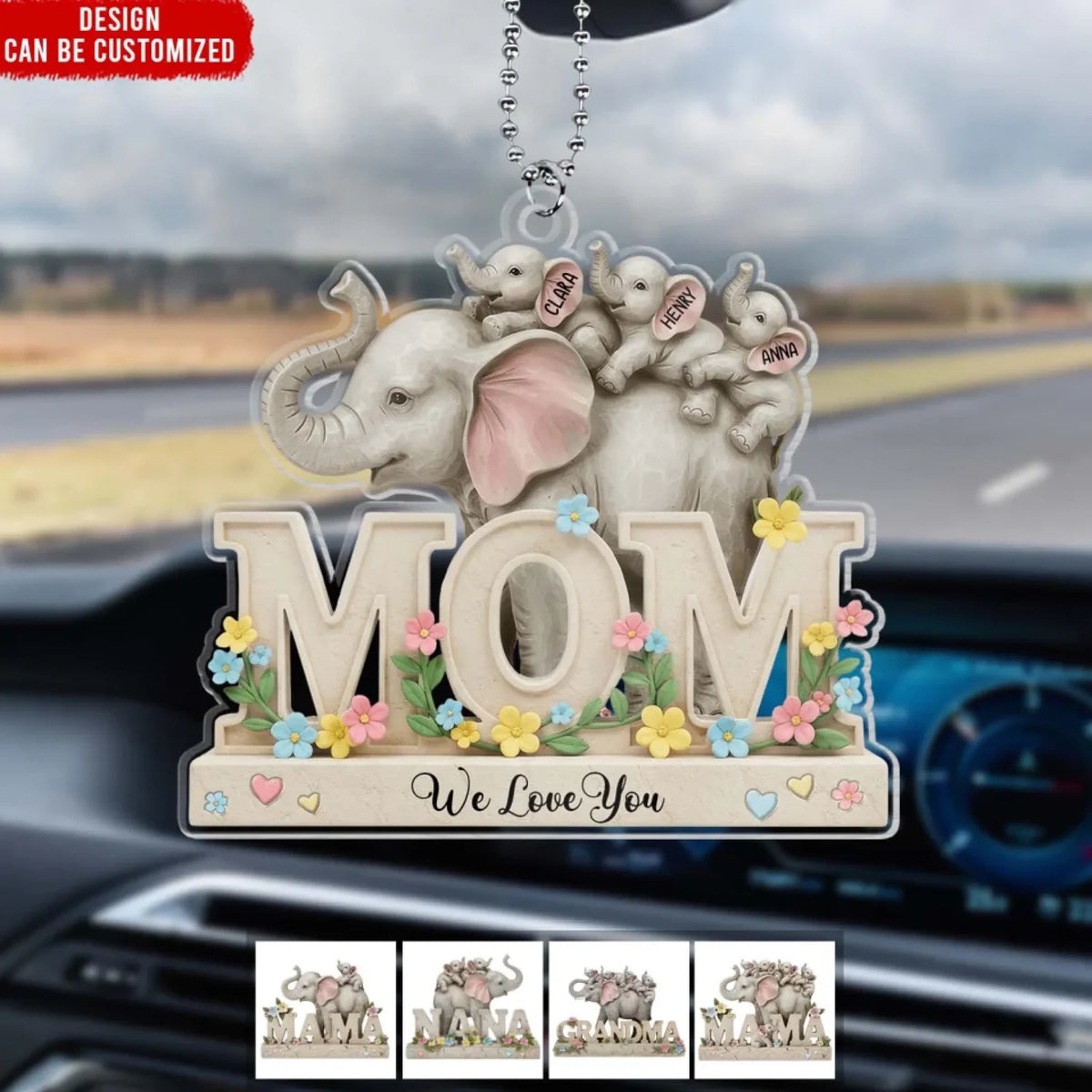 Mama Elephant We Love You - Personalized Acrylic Car Hanger, Gift For Mom, Mama Elephant Gift