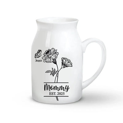 Mom and Her Kids - Personalized Flower Vase, Custom Birth Flower, Gift for Mom/Grandma