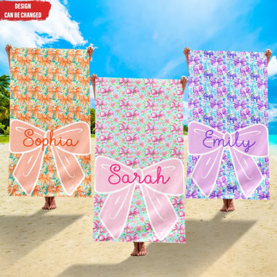 Bow Floral With Custom Name- Personalized Beach Towel, Birthday Vacation Gift For Girls