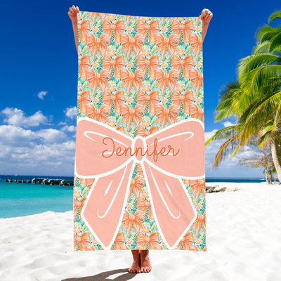 Bow Floral With Custom Name- Personalized Beach Towel, Birthday Vacation Gift For Girls