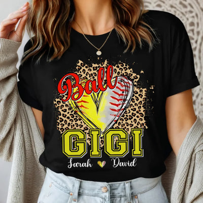 Baseball Softball Grandma Leopard Heart - Personalized T-Shirt, Gift For Sport Mom/ Grandma