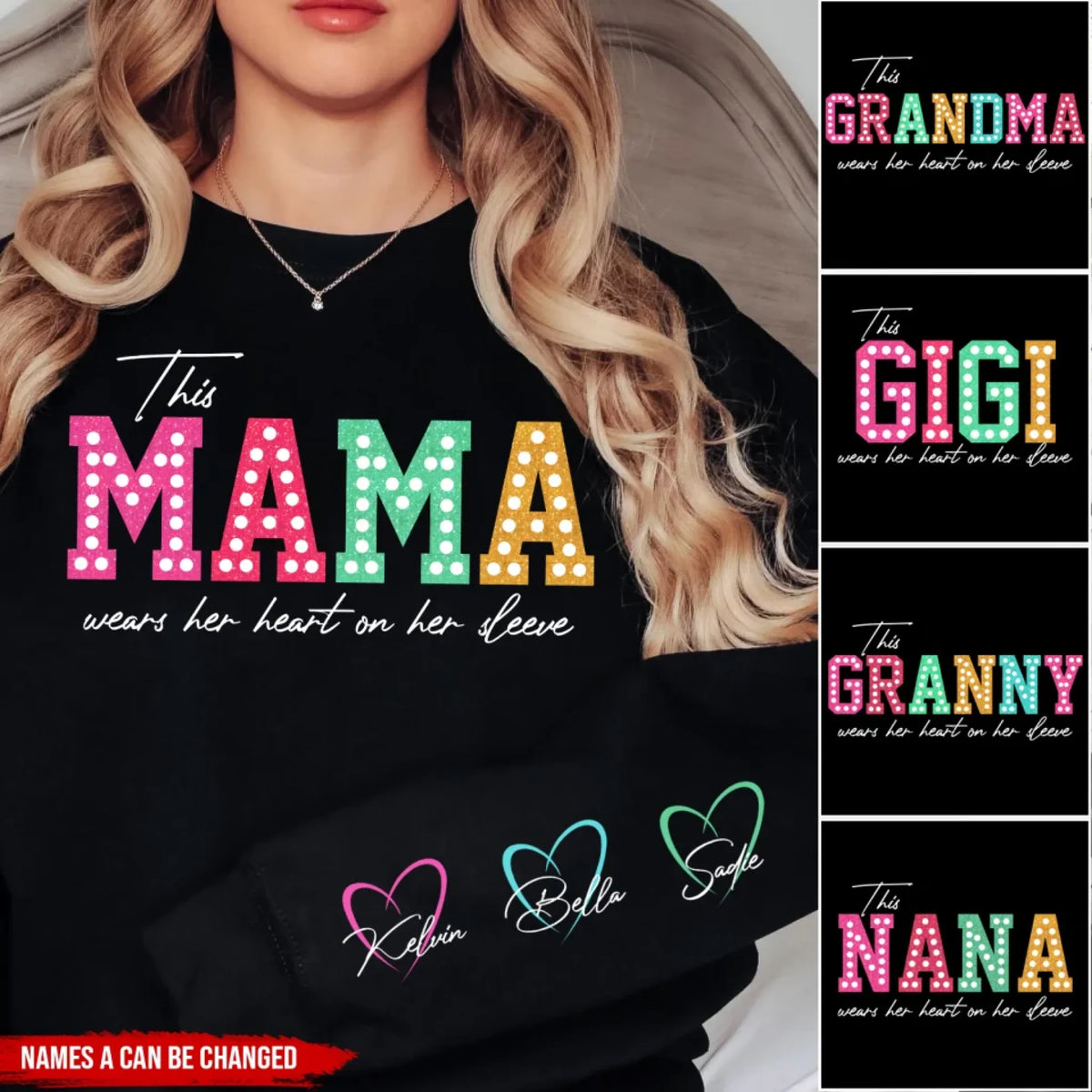 This Grandma Wears Her Heart on Her Sleeve - Personalized Sleeve Print Sweatshirt, Gift for Grandma
