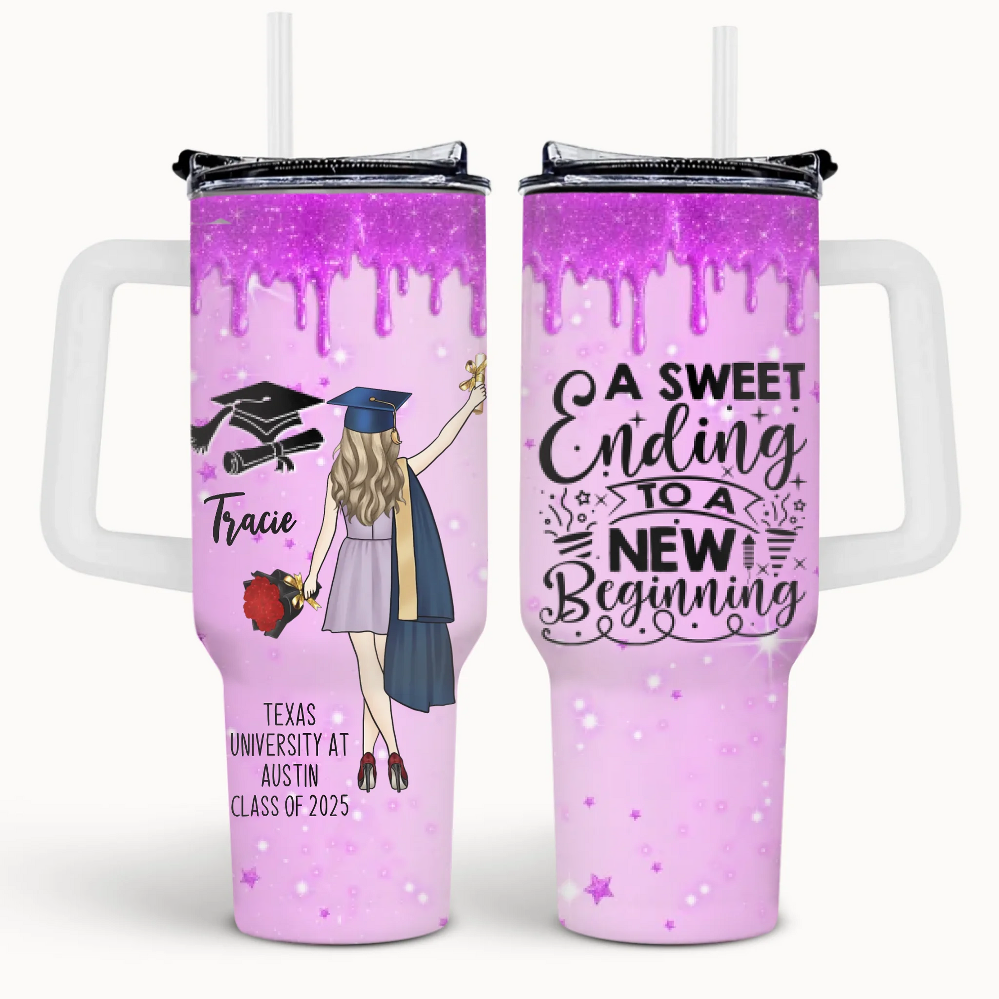 A Sweet Ending To A New Beginning - Personalized Tumbler 40oz, Graduation Gift for Granddaughter/Daughter/Sister/Girlfriend