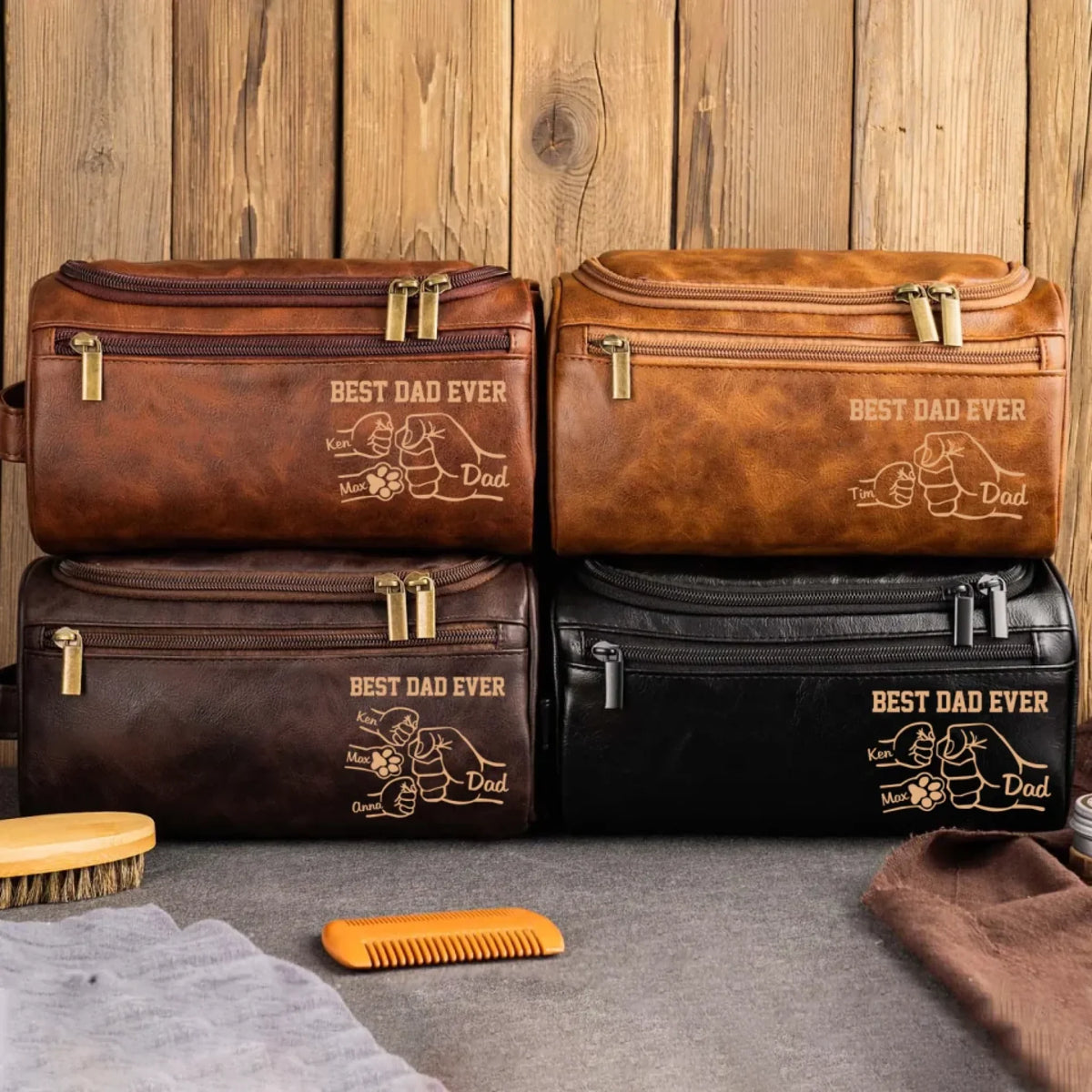 Best Dad Ever Fist Bump with Paw - Personalized Leather Toiletry Bag, Gift for Dad/Dog Dad/Cat Dad, Father's Day Gift