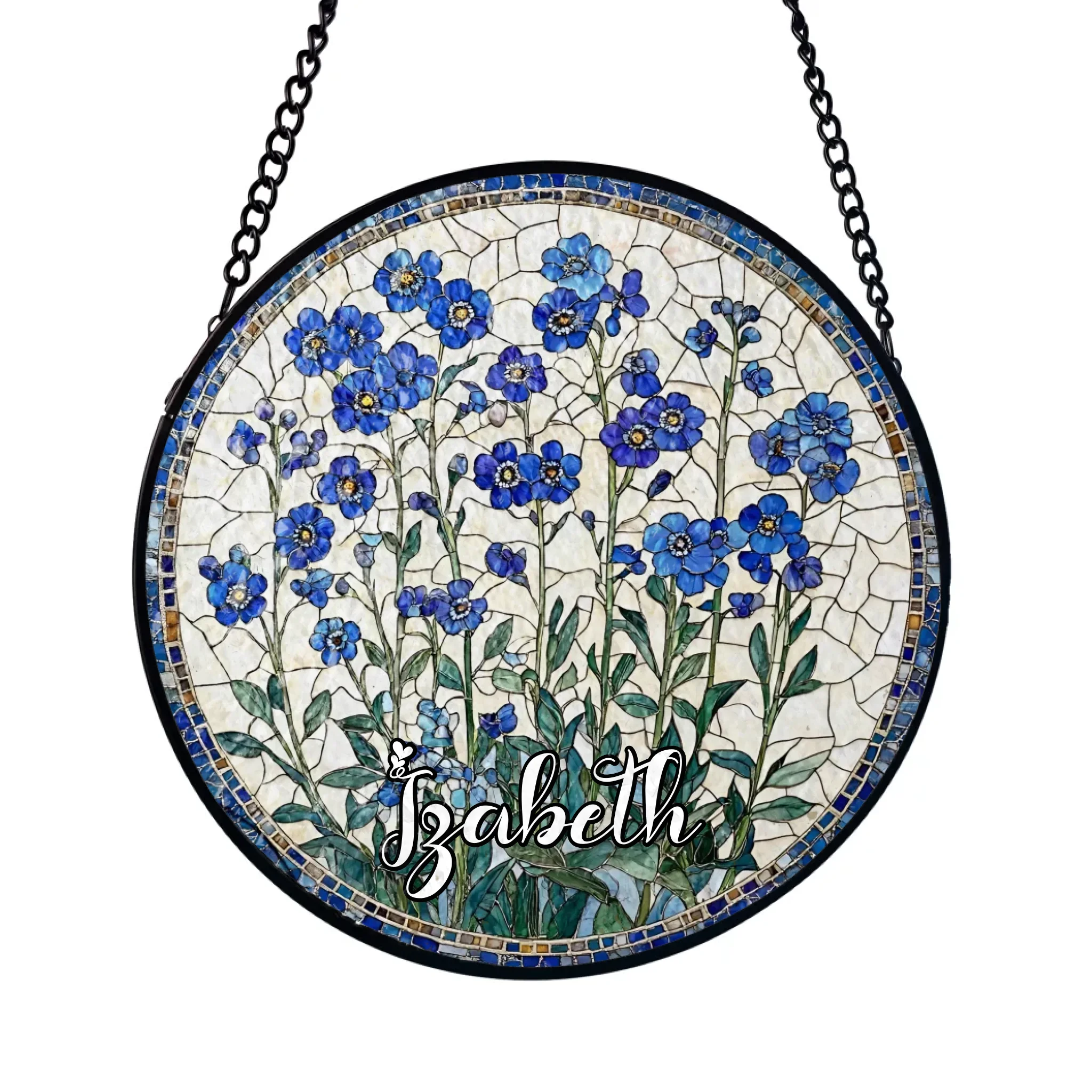 Forget-Me-Not - Personalized Window Stained Glass, Custom Name Suncatcher Hanging