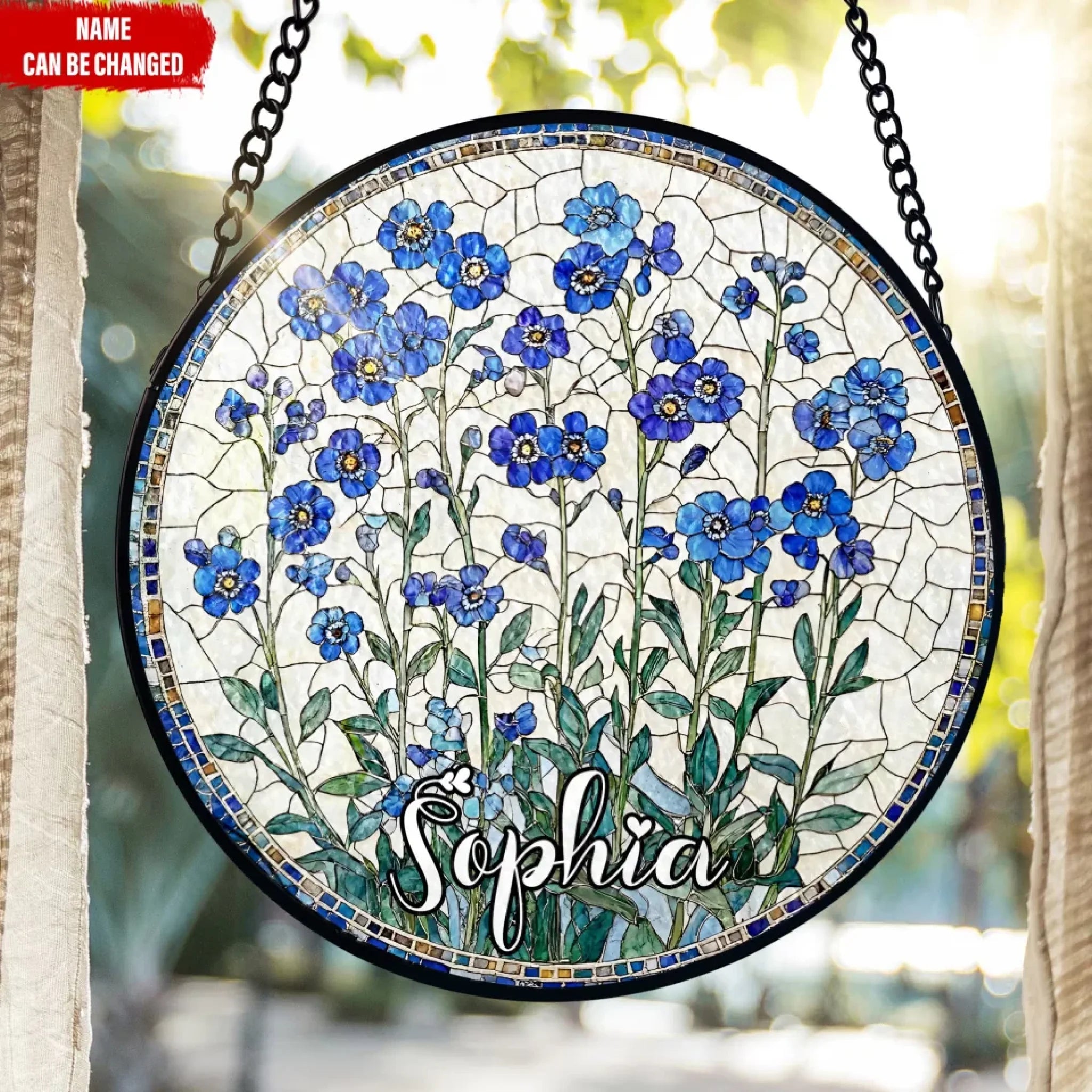 Forget-Me-Not - Personalized Window Stained Glass, Custom Name Suncatcher Hanging