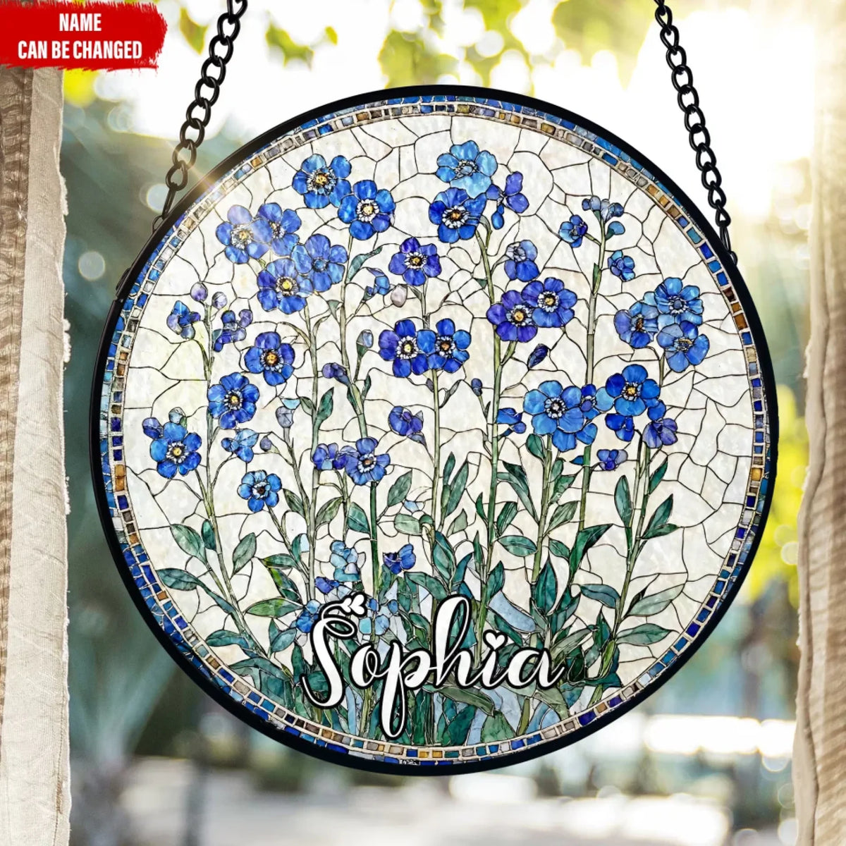 Forget-Me-Not - Personalized Window Stained Glass, Custom Name Suncatcher Hanging