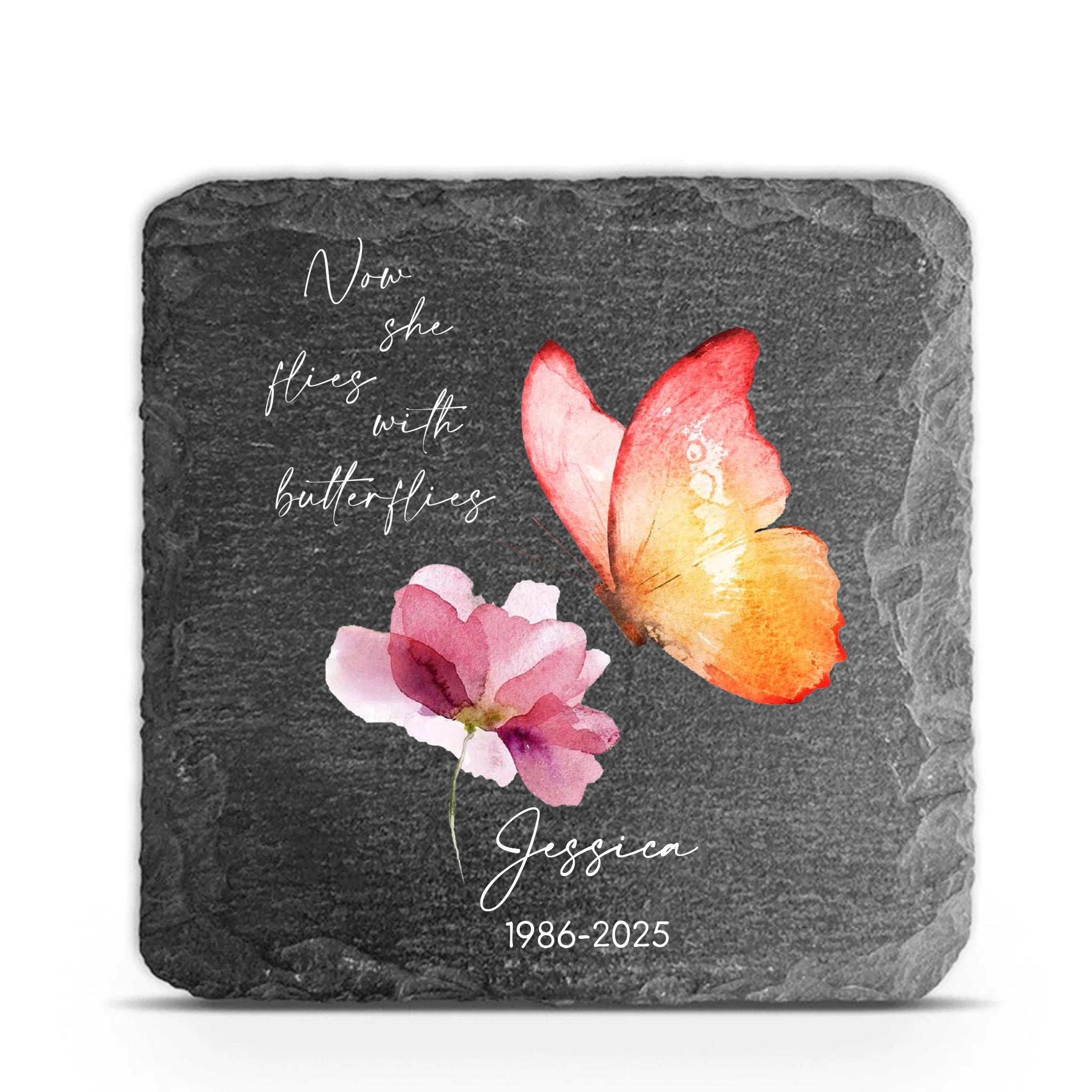 Now She Flies With Butterflies - Personalized Memorial Stone, Loss Of Loved One Gift