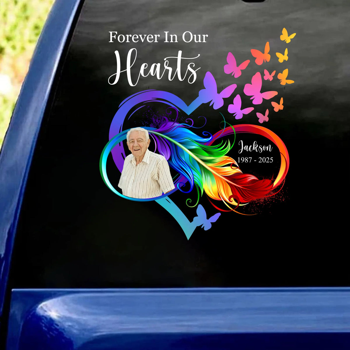 Custom Memorial Photo, Forever In Our Hearts - Personalized Decal, Memorial Gift