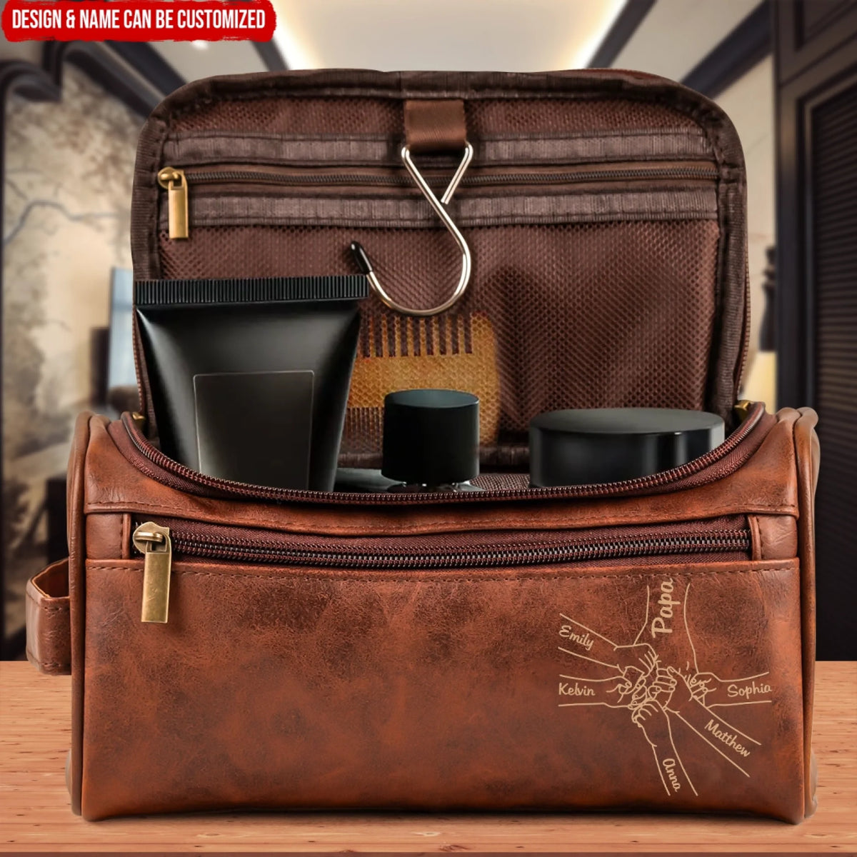 Best Papa Ever - Personalized Leather Toiletry Bag, Gift For Father, Gift For Grandpa