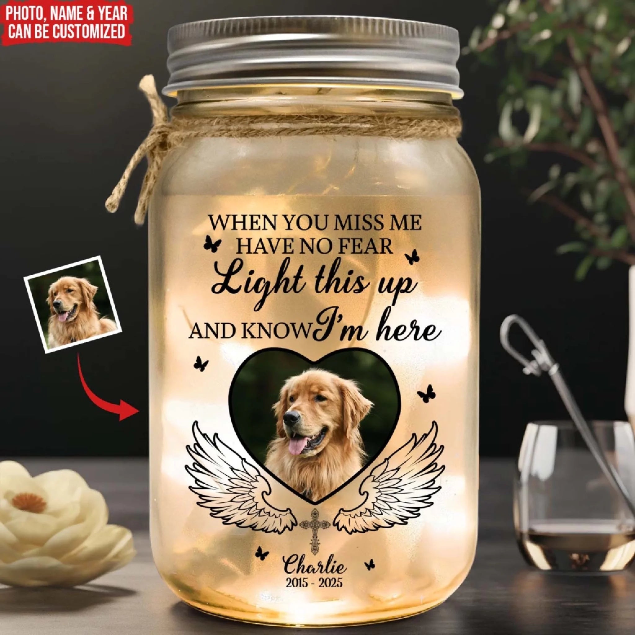 Memorial Pet When You Miss Me Light This Up And Know I’m Here - Personalized Mason Jar Light, Memorial For Loss Of Pet
