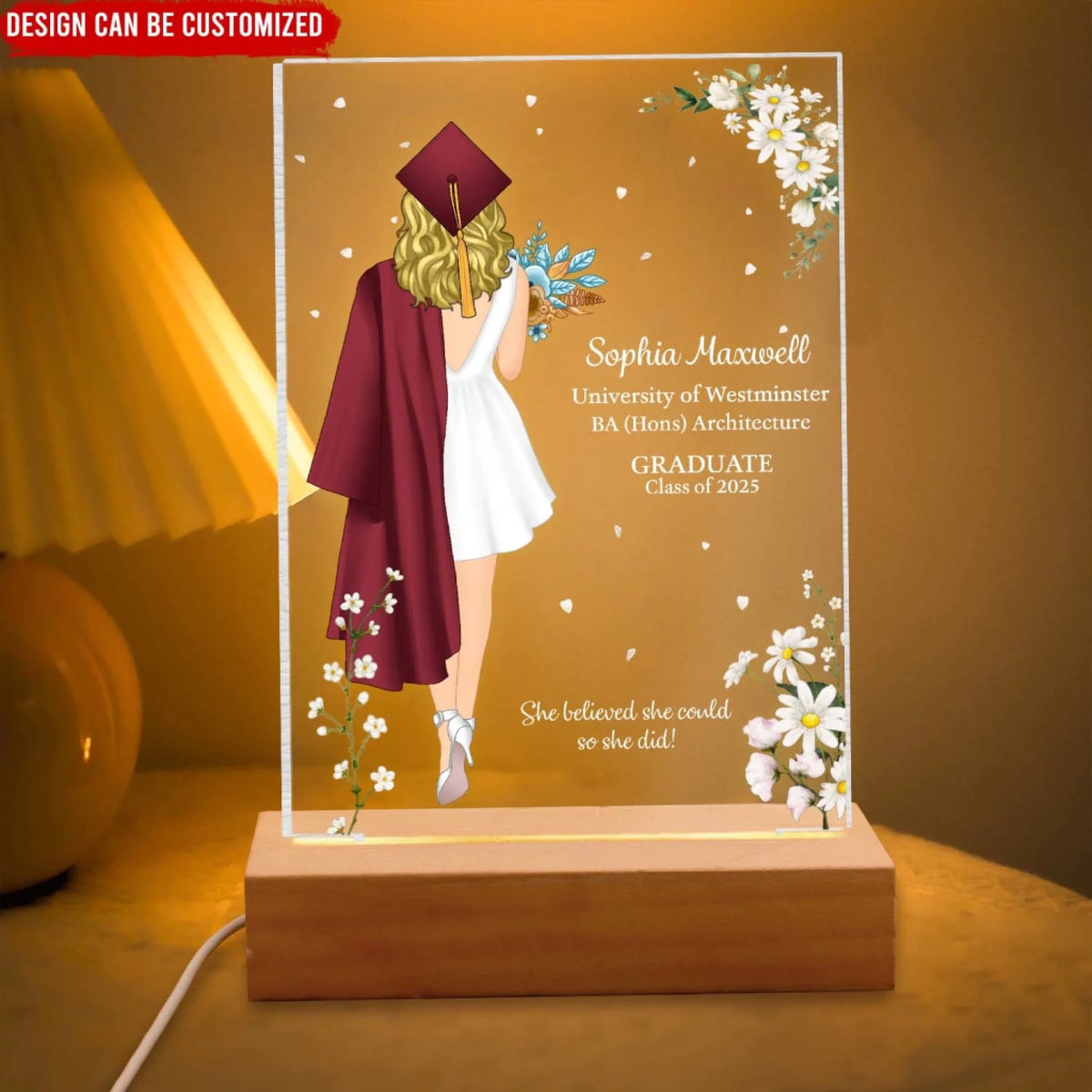 She Believed She Could So She Did - Personalized Acrylic Night Light, Custom Graduation Gift