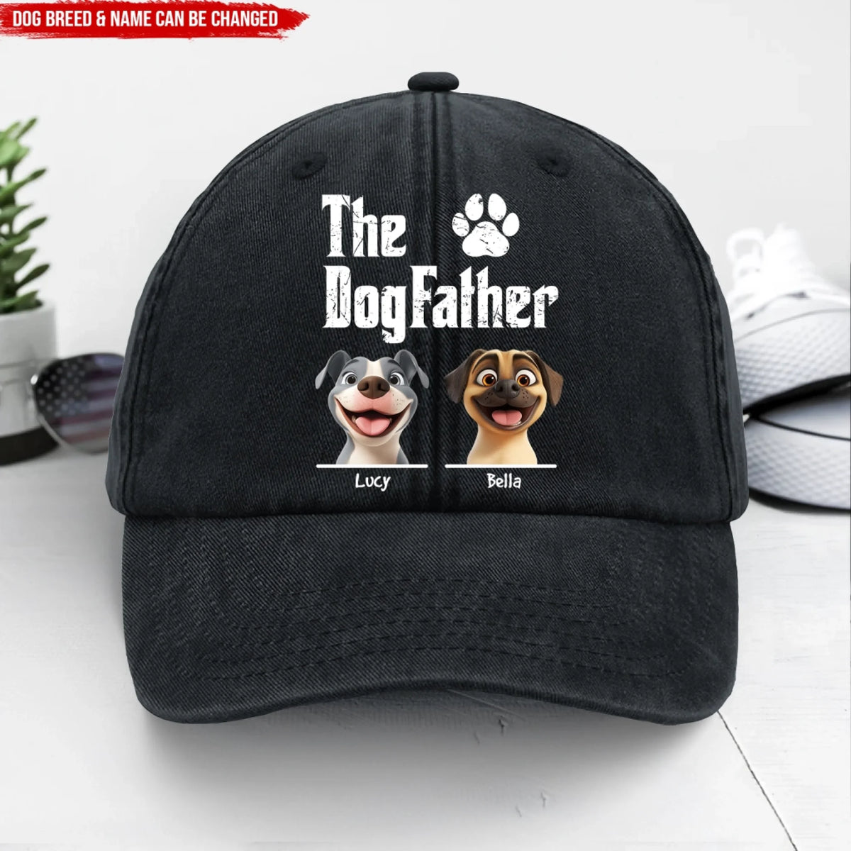 The DogFather - Personalized Vintage Washed Denim Baseball Cap, Gift For Dog Lover