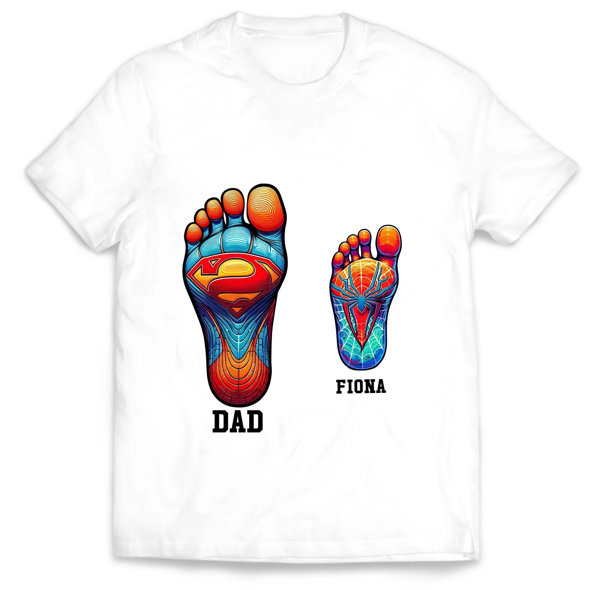Superhero Father and Kid Footprints - Personalized T-Shirt, Gift for Dad/Husband, Father's Day Gift