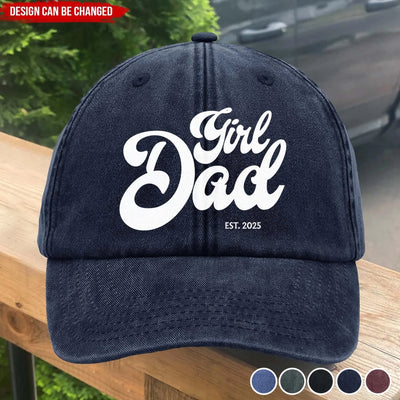 Girl Dad Of The Year - Personalized Vintage Washed Denim Baseball Cap, Gift For Dad, Custom Photo Portrait