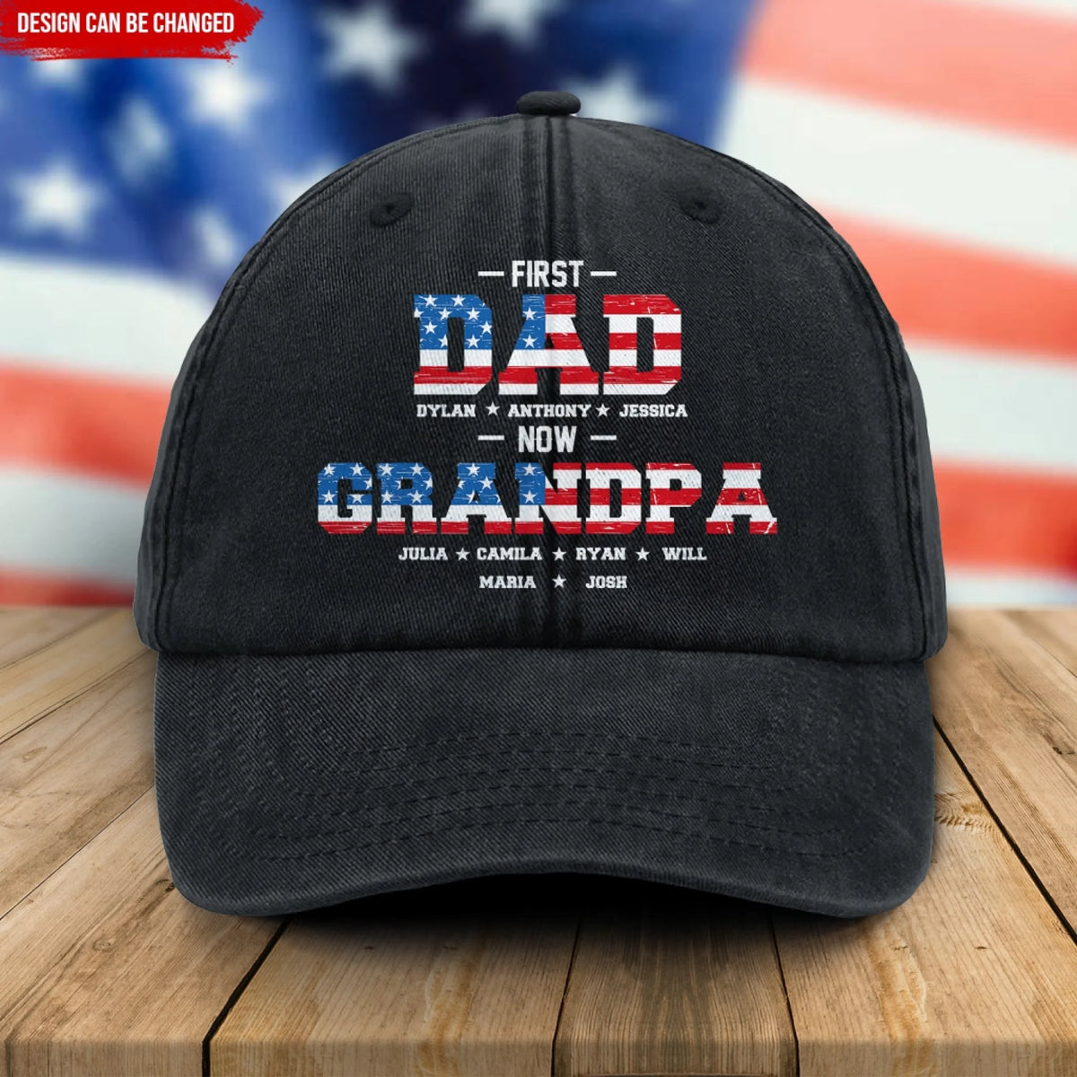 First Dad Now Grandpa Flag - Personalized Vintage Washed Denim Baseball Cap, Gift For Dad