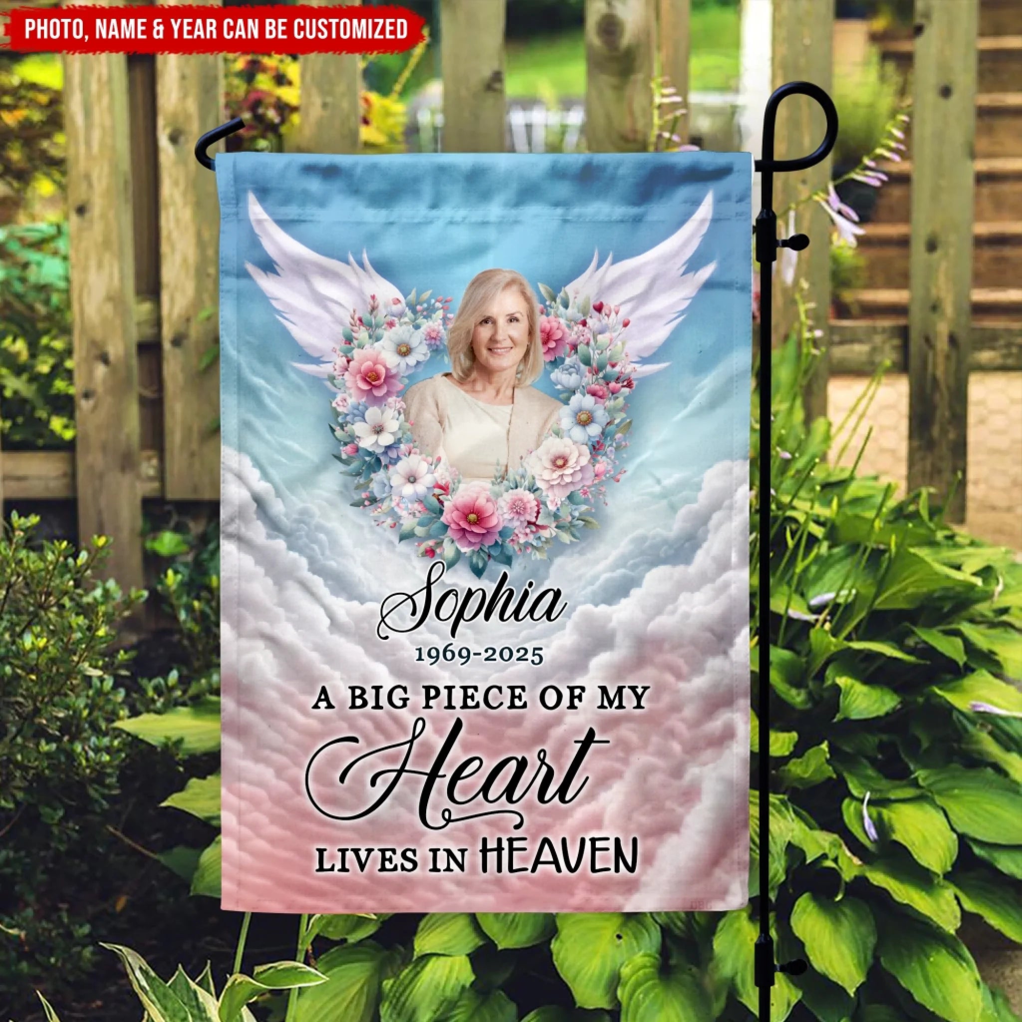 Custom Photo A Big Piece Of My Heart Lives In Heaven - Personalized Garden Flag, Loss Of Loved One