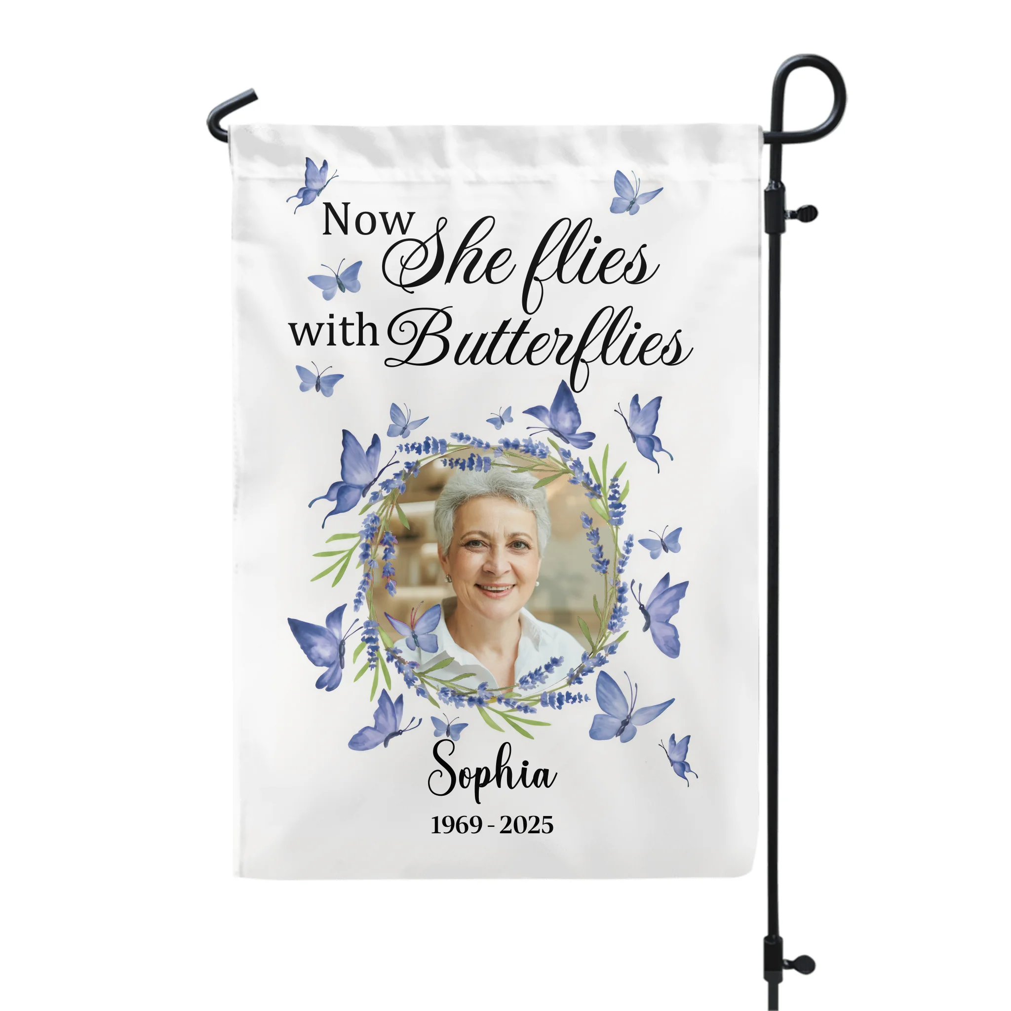 Now She Flies With Butterflies - Personalized Garden Flag, Memorial Gifts, Sympathy Gifts