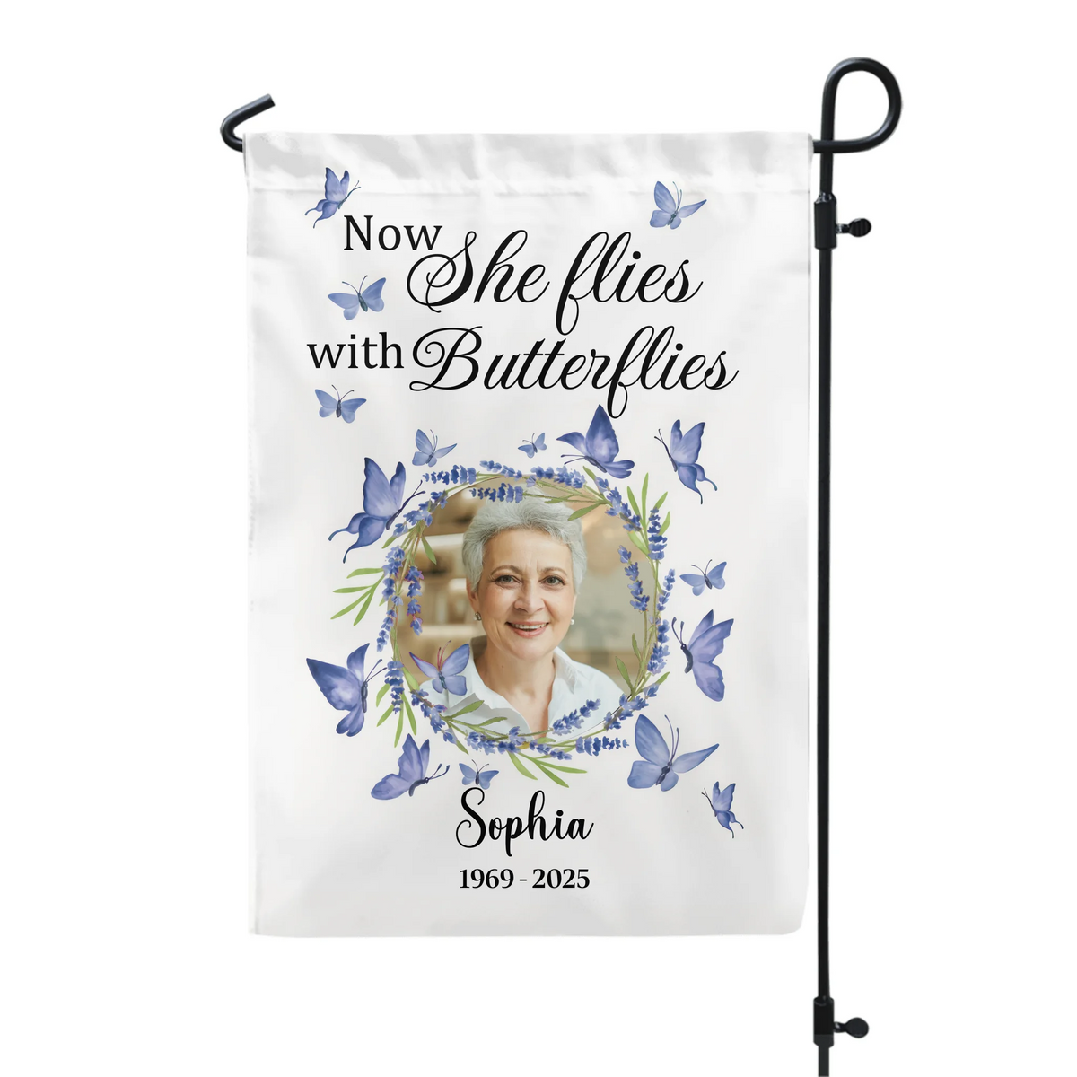 Now She Flies With Butterflies - Personalized Garden Flag, Memorial Gifts, Sympathy Gifts