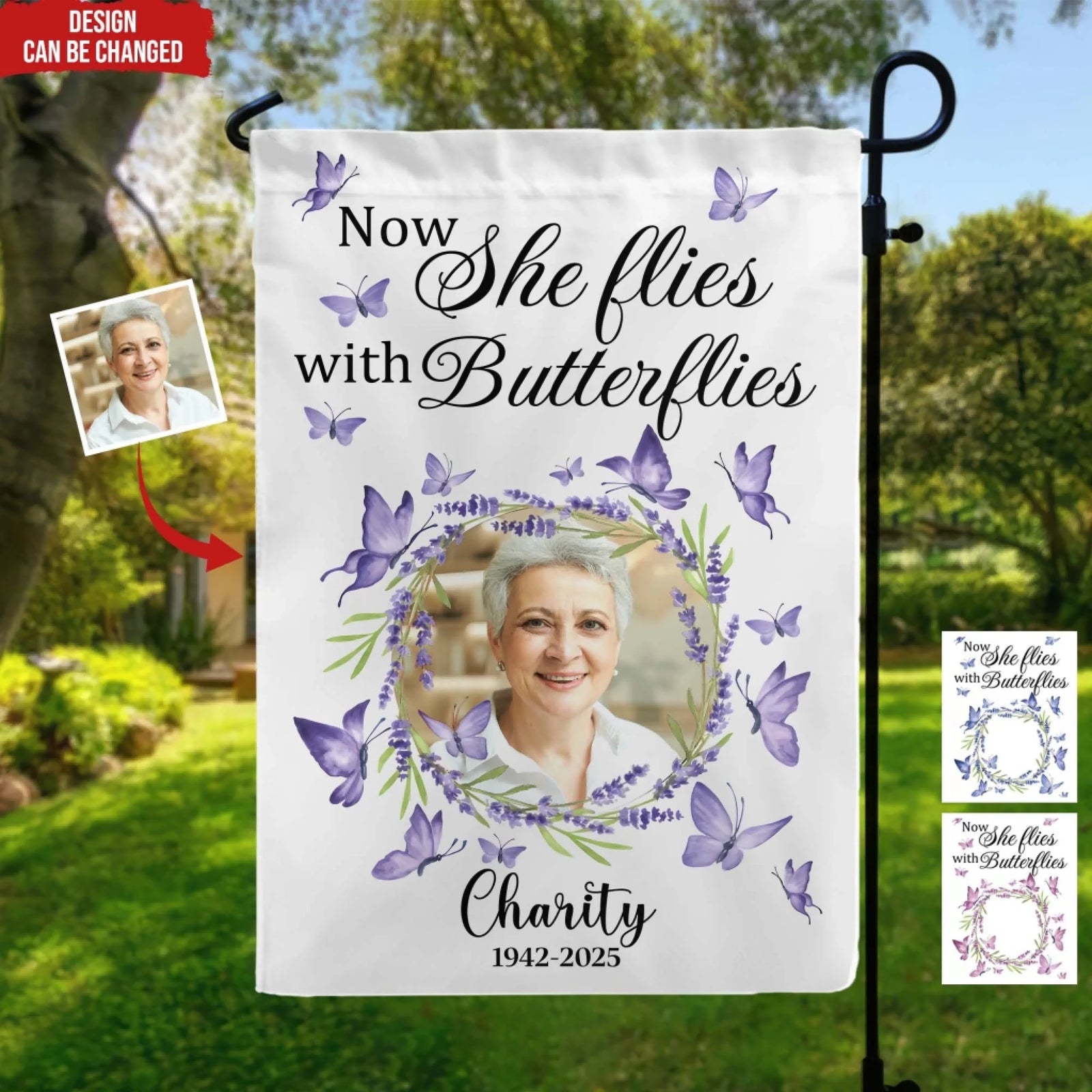 Now She Flies With Butterflies - Personalized Garden Flag, Memorial Gifts, Sympathy Gifts