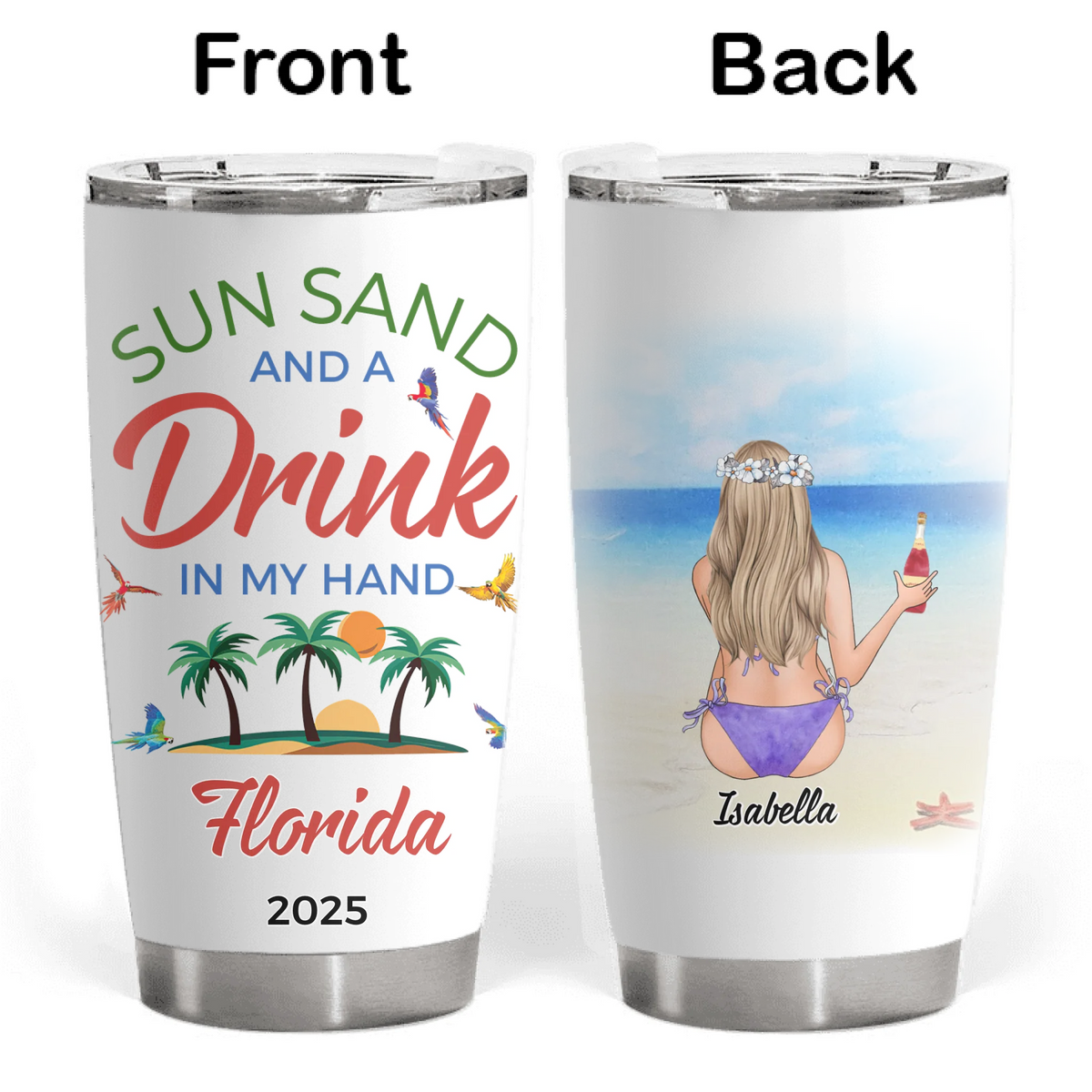 Sun Sand And A Drink In My Hand - Personalized Tumbler, Summer Gift, Vacation Gift