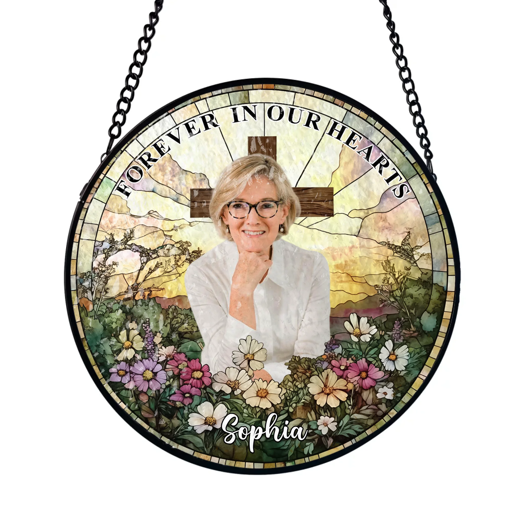 Wildflowers Cross Forever In Our Hearts - Personalized Window Stained Glass, Memorial Gift