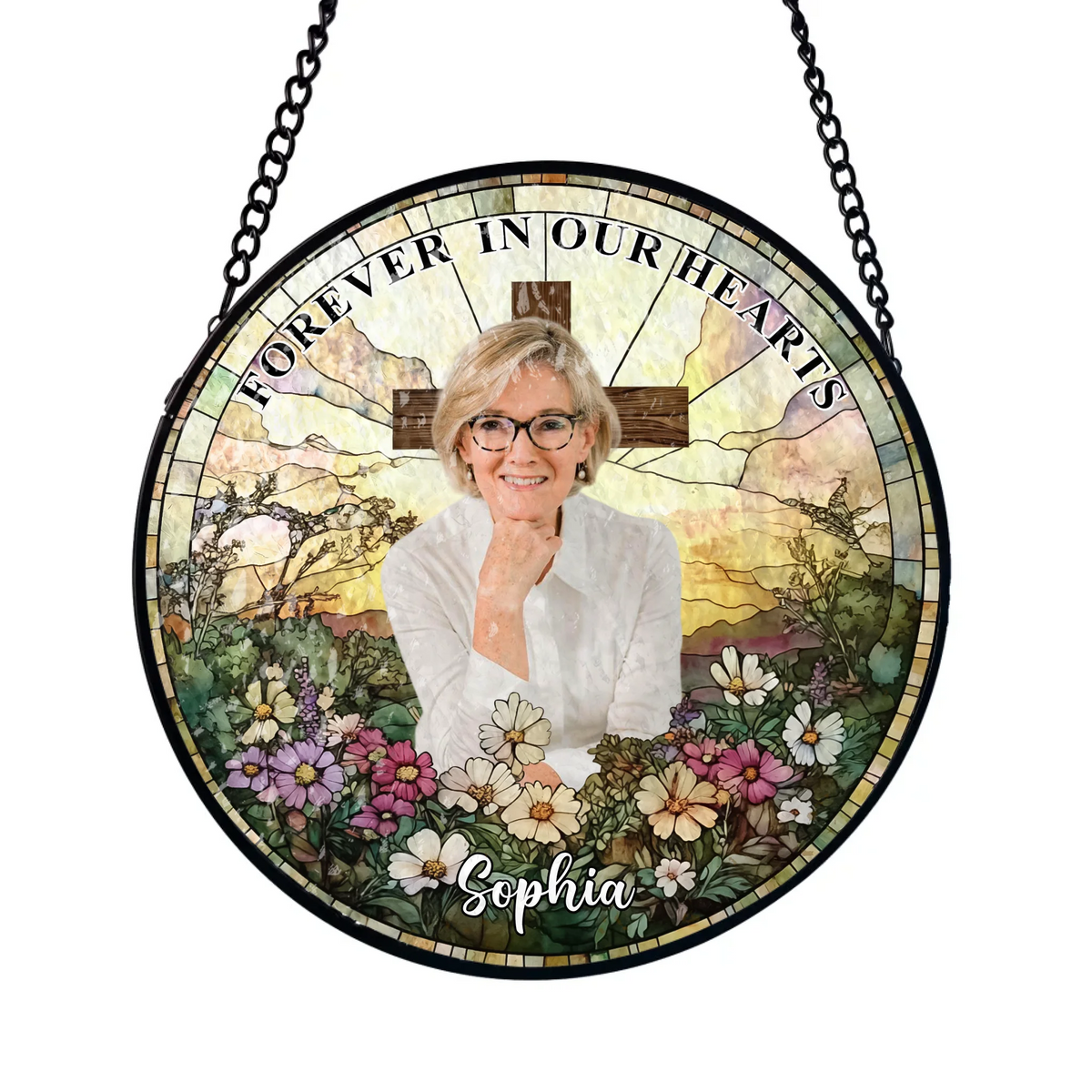 Wildflowers Cross Forever In Our Hearts - Personalized Window Stained Glass, Memorial Gift