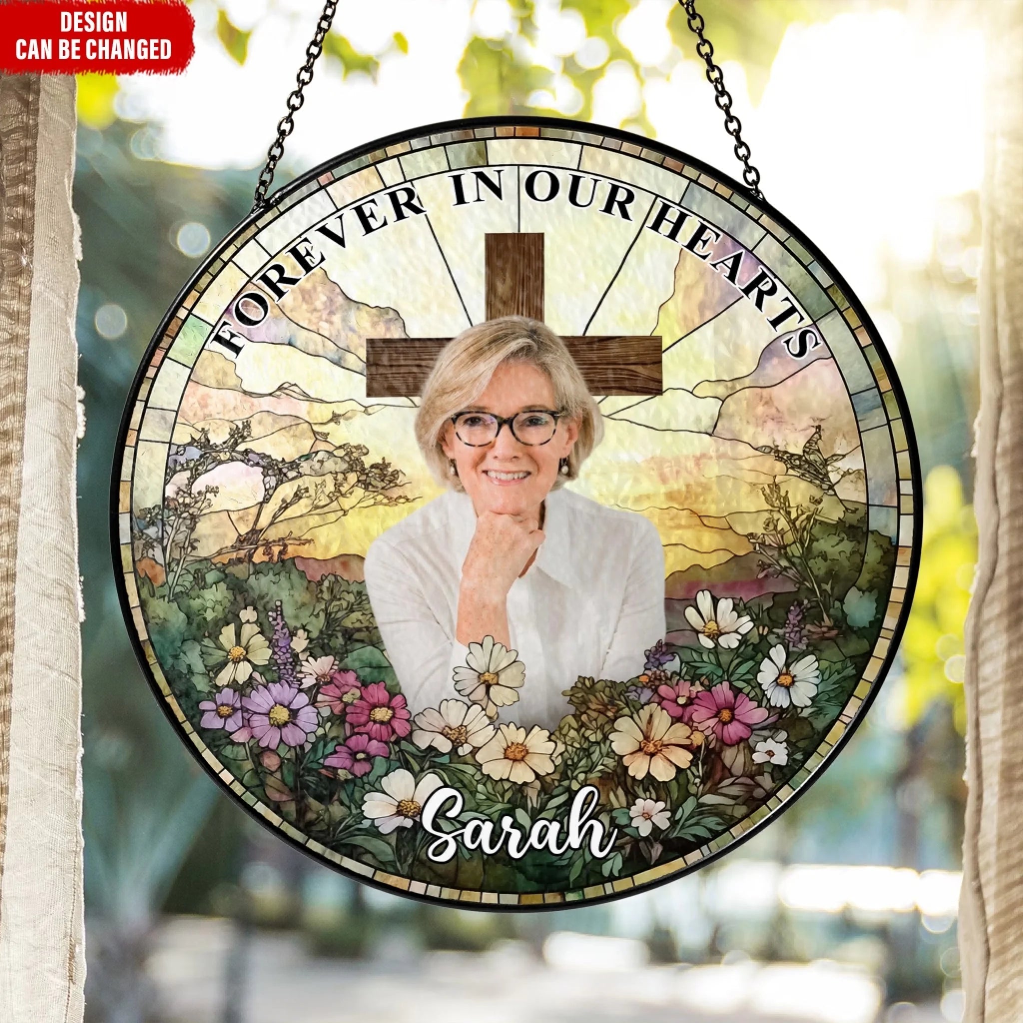 Wildflowers Cross Forever In Our Hearts - Personalized Window Stained Glass, Memorial Gift