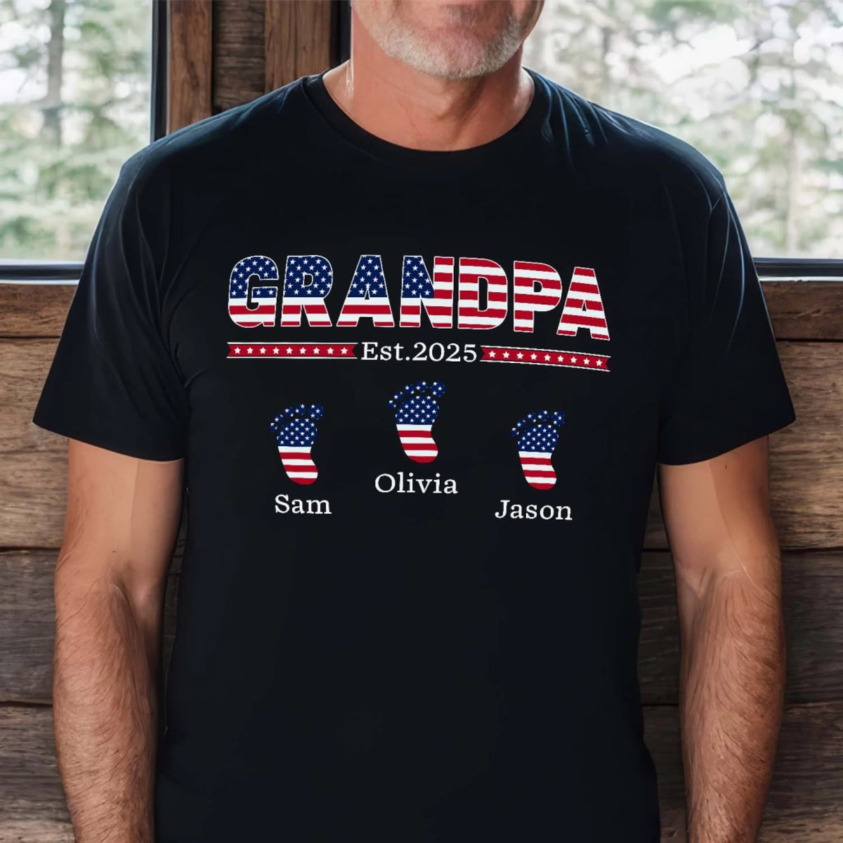 Grandpa with Grandkids US Flag - Personalized T-Shirt, Gift for Dad/Grandpa, Independence Day 4th of July Shirt