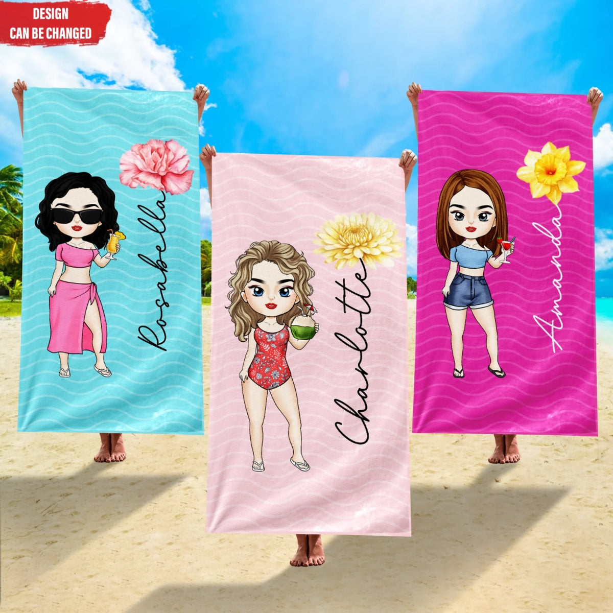 Chibi Lady Custom Birth Month Flower - Personalized Beach Towel, Accessories for Vacation, Travel Towels